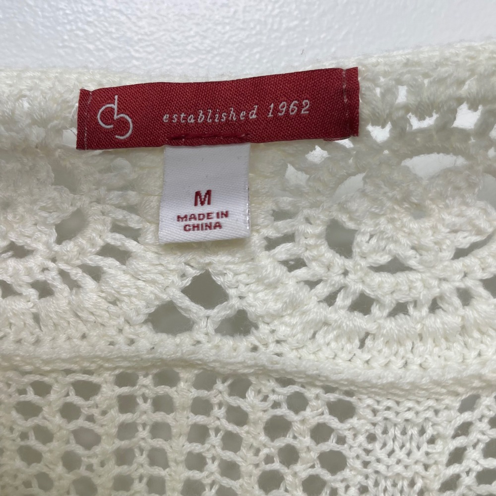 CJ Bank Ivory Crochet Knit Tunic Sweater 3/4 Sleeve Tassel Boho Hippie Granola M - Picture 5 of 11
